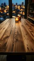 Haut vue de une en bois table contre une flou bar intérieur verticale mobile fond d'écran ai généré photo