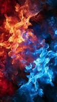 audacieux rouge et bleu flammes enflammer le obscurité de le Contexte verticale mobile fond d'écran ai généré photo