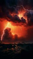 foncé rouge orageux ciel illuminé par spectaculaire apocalyptique foudre verticale mobile fond d'écran ai généré photo