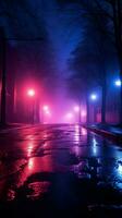 foncé rue enveloppé dans néon reflets, projecteur faisceau, et enfumé brouillard verticale mobile fond d'écran ai généré photo