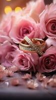 rêveur mariage scène avec or anneaux, eustoma des roses, et lumière rose plumes verticale mobile fond d'écran ai généré photo