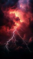 sinistre toile de fond de foncé rouge orage des nuages et captivant foudre verticale mobile fond d'écran ai généré photo