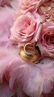 élégant mariage dacor avec or anneaux, eustoma des roses, et lumière rose plumes verticale mobile fond d'écran ai généré photo