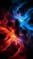 entrelacement rouge et bleu flammes hypnotiser sur une foncé Contexte verticale mobile fond d'écran ai généré photo