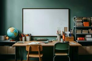 salle de cours bureau orné avec essentiel papeterie fournitures, prêt pour apprentissage ai généré photo