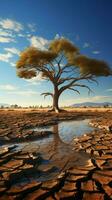 aride sol berceaux arbre, illustrant climat changements l'eau crise effets parmi global chauffage verticale mobile fond d'écran ai généré photo