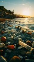 plage la pollution représenté avec Plastique bouteilles et poubelle détritus le littoral verticale mobile fond d'écran ai généré photo