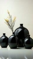 noir des vases la grâce marbre, tranchant contraste contre blanc mur Toile verticale mobile fond d'écran ai généré photo