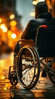 proche en haut vue homme dans fauteuil roulant détient roues, représentant force et aptitude en dépit handicap verticale mobile fond d'écran ai généré photo