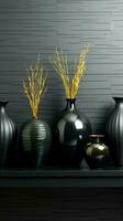 élégant noir céramique des vases positionné sur noir marbre, blanc mur derrière verticale mobile fond d'écran ai généré photo