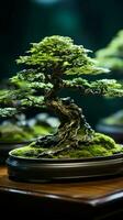 luxuriant miniature arbre sur en bois tableau, pontage la nature et intérieur esthétique verticale mobile fond d'écran ai généré photo