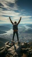 Montagne conquérant, réussi promeneur se délecte dans panoramique vue de triomphant sommet verticale mobile fond d'écran ai généré photo