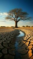 solitaire arbre grandit sur fissuré atterrir, illustrant climat changements sécheresse conduit conséquences verticale mobile fond d'écran ai généré photo