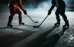 rival le hockey joueurs supporter côté par côté, agrippant leur des bâtons ai généré photo