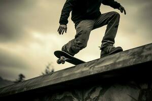 skateur des stands sur une niveaux de gris pont, capturer Urbain patinage esthétique ai généré photo