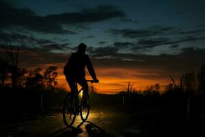 une homme monte le sien vélo comme nuit descend, une paisible périple ai généré photo