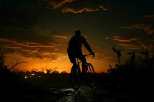 une homme monte le sien vélo comme nuit descend, une paisible périple ai généré photo