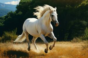 une puissant blanc recouvert cheval dans plein sprint à travers le champ ai généré photo