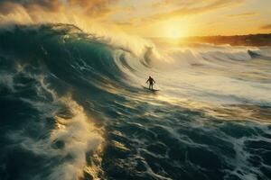 un aventureux homme gracieusement surfe sur le puissant océan vagues ai généré photo