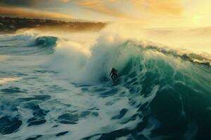 une palpitant moment comme une homme monte le océans roulant vagues ai généré photo