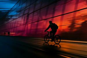 une banlieusard bicyclette cavaliers silhouette mélanges dans le crépuscule toile de fond ai généré photo