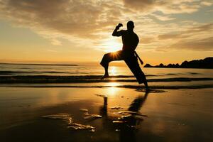 martial artistes silhouette grâces le rive, performant kickboxing à le coucher du soleil ai généré photo