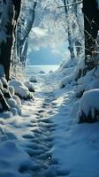 congelé chemin neigeux empreintes dire conte de flanc de coteau montée par du froid terrain verticale mobile fond d'écran ai généré photo