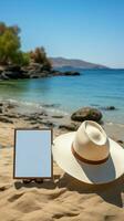 arrière vue homme dans blanc chemise et chapeau sur plage avec Vide tablette verticale mobile fond d'écran ai généré photo