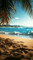 bord de mer va-t-en flou palmier, plage bokeh toile de fond Cadre sable, évoquant été échapper verticale mobile fond d'écran ai généré photo