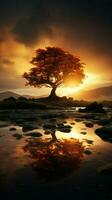 silhouette de une arbre avec Soleil des rayons dans le Contexte verticale mobile fond d'écran ai généré photo