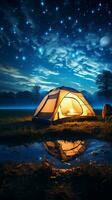 étoilé site de camp tente repose dans le nuits embrasser, en dessous de céleste canopée verticale mobile fond d'écran ai généré photo