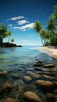 tropical littoral sablonneux plage encadré par gracieux paume des arbres en dessous de bleu ciels verticale mobile fond d'écran ai généré photo