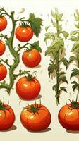 vecteur dessin animé dépeint tomates croissance phases, feuilles, fleurs, des fruits, sur blanc toile de fond verticale mobile fond d'écran ai généré photo