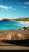 en bois table Haut sur flou Contexte de mer île et bleu ciel verticale mobile fond d'écran ai généré photo