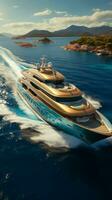 yachting élégance aérien vue présente opulent moteur yacht voile océans étendue verticale mobile fond d'écran ai généré photo
