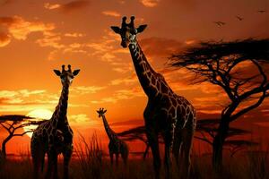 girafes dans crépuscule une transformé scène sous le réglage Soleil ai généré photo