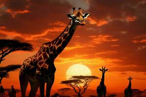 girafes dans crépuscule une transformé scène sous le réglage Soleil ai généré photo