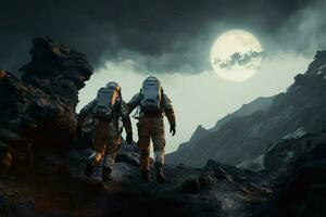 humanités ascension deux astronautes conquérir une Montagne dans une transcendant moment ai généré photo