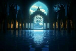 clair de lune baignades islamique mosquées intérieur dans serein, éthéré luminance ai généré photo