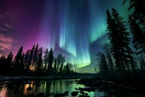 natures lumière spectacle des arbres silhouette sous le violet et vert aurore ai généré photo