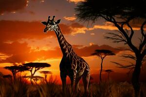 réglage Soleil illumine une transformé paysage avec une girafe troupeau ai généré photo