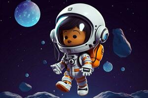 édifiant espace aventure mignonne astronaute avec OVNI ballon dans dessin animé ai généré photo