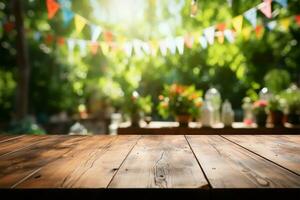 flou jardin fête toile de fond cadres un inoccupé en bois table magnifiquement ai généré photo