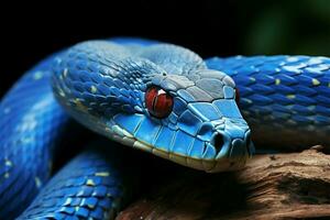 fermer révèle le fascinant, transformé visage de une bleu vipère serpent ai généré photo