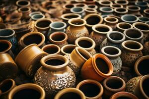 ancré dans tradition, divers argile des pots forme une vibrant marché ai généré photo