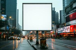 dans le cœur de le ville, une Vide panneau d'affichage fait signe messages ai généré photo