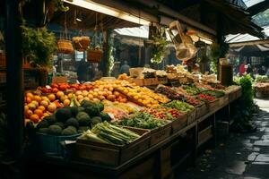 local produire marché, protégé par une accueillant toit, fait signe les acheteurs ai généré photo