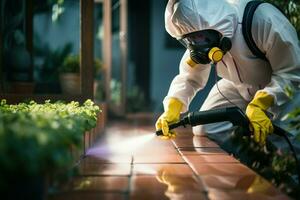 ravageur contrôle expert, habillé dans travail tenue, Vaporisateurs pesticide en plein air ai généré photo