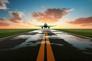 lever du soleil grâces le aéroport piste, évoquant le esprit de Voyage ai généré photo