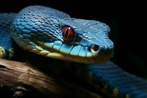 le captivant, altéré visage de une bleu vipère serpent en haut proche ai généré photo